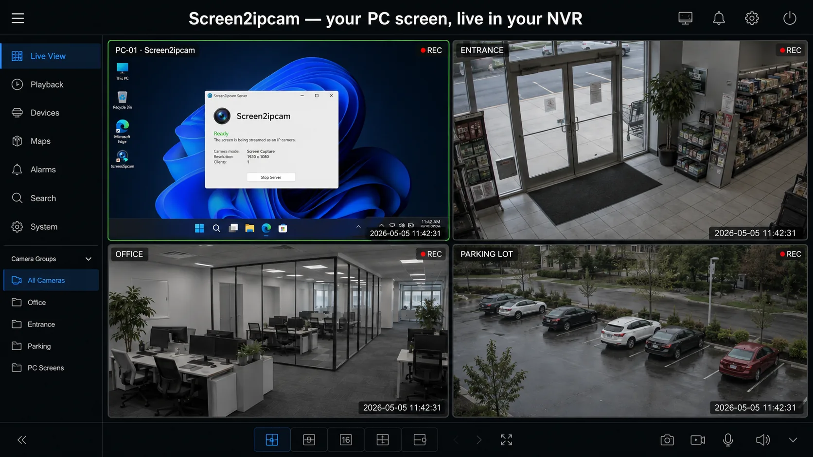 A Windows PC screen shown live inside an NVR grid next to real cameras