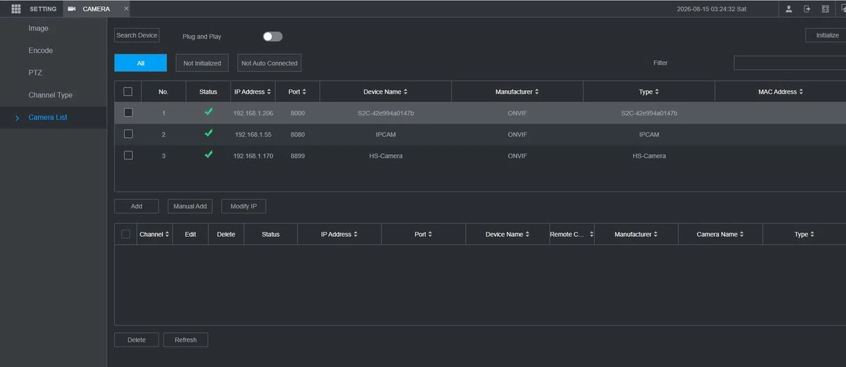 Real test: Search Device finds the PC (192.168.1.206, port 8000, ONVIF) next to two cameras.