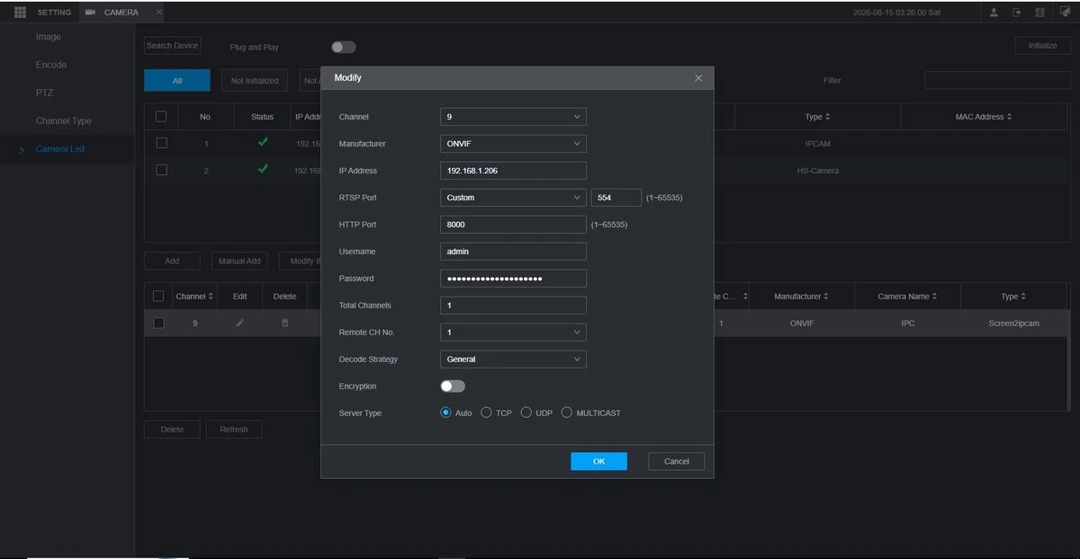 Real test: the channel settings. ONVIF, RTSP port 554, HTTP port 8000, user admin.