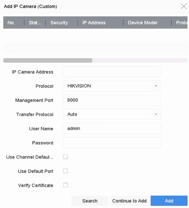 The Hikvision Custom Add window. Set Protocol to ONVIF. Port 8000 is already the Screen2ipcam ONVIF port.