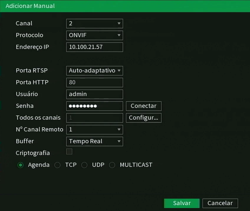 Adicionar Manual with ONVIF. For Screen2ipcam set Porta HTTP to 8000.