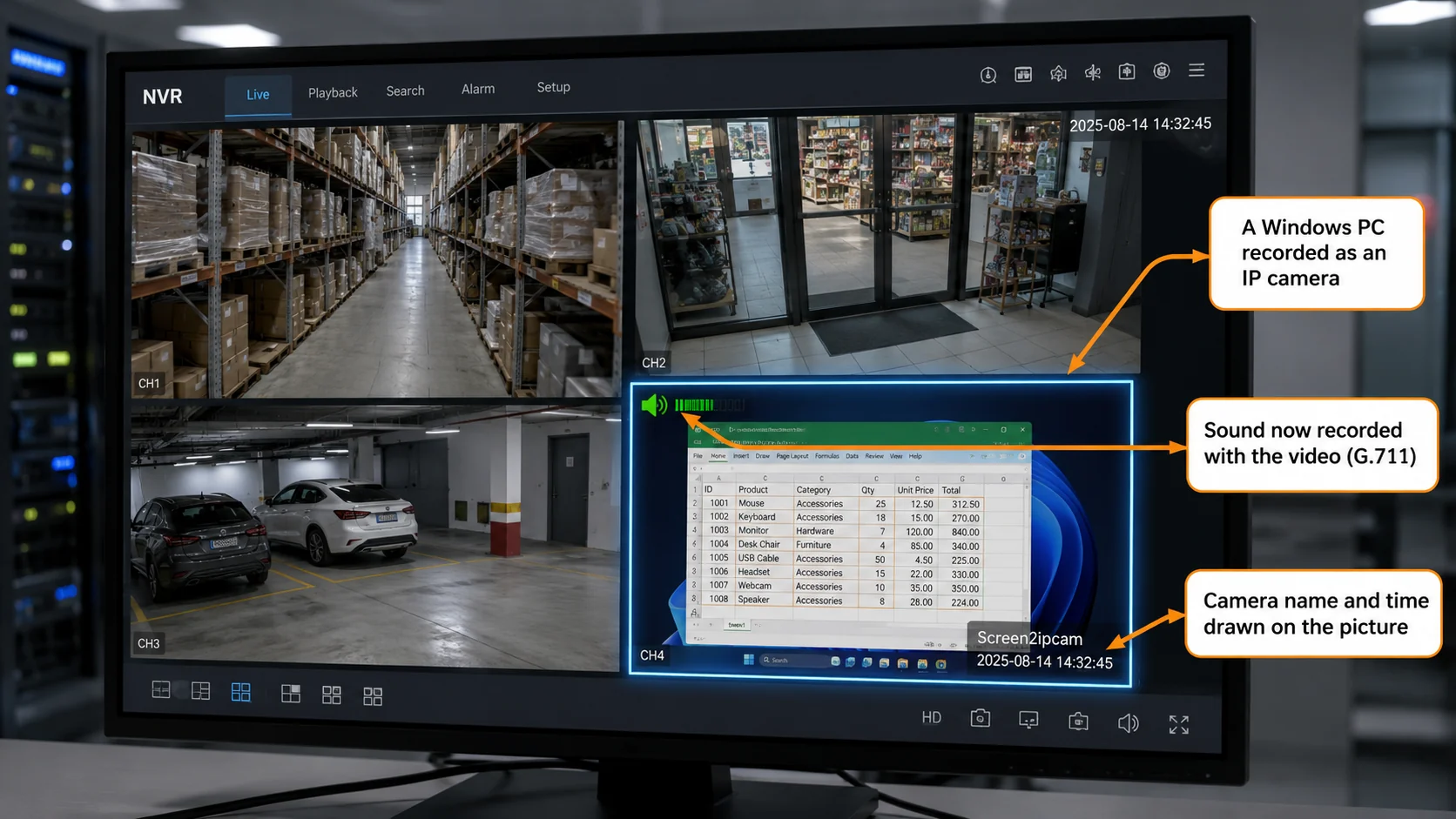 An NVR showing four channels; one of them is a Windows PC desktop with an audio indicator, camera name and time drawn on the picture