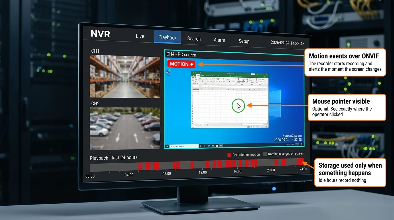 An NVR in playback mode: the PC screen channel shows a motion badge and a highlighted mouse pointer, and the 24 hour timeline has recording blocks only where the screen changed