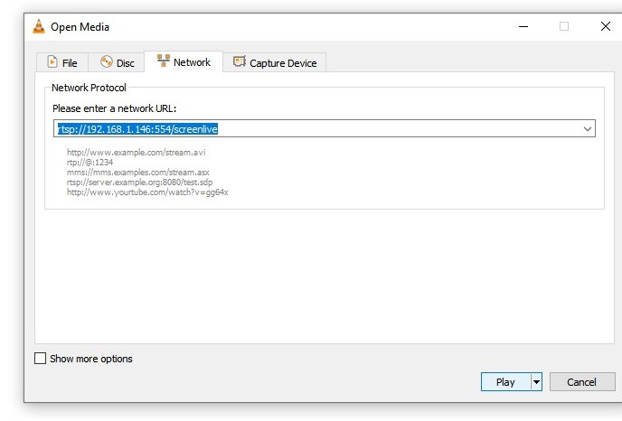 نافذة Open Media في VLC وفيها عنوان Screen2ipcam