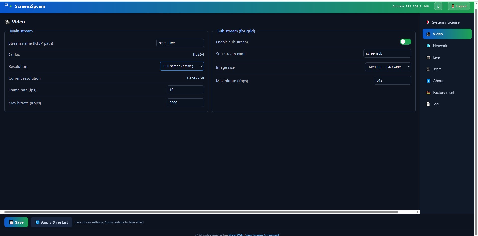 Web panel — Video settings