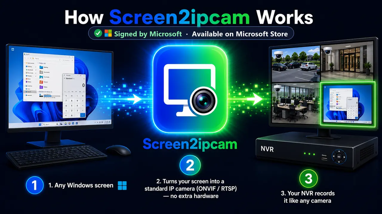 طريقة عمل Screen2ipcam: شاشة ويندوز تتحوّل إلى بث ONVIF / RTSP يكتشفه جهاز التسجيل NVR