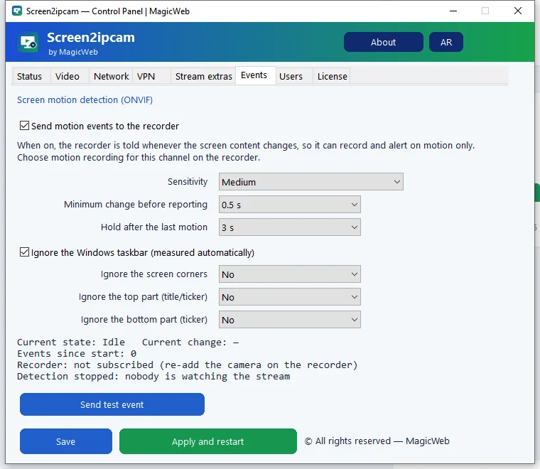 The Events tab in Screen2ipcam 2.0.5.