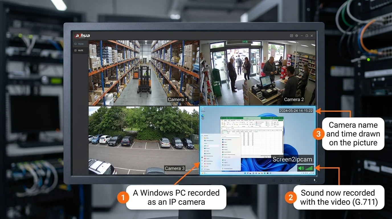 A recorder showing four tiles — a warehouse aisle, a shop counter with its POS terminal, a car park, and a Windows PC — all recorded side by side on the same timeline, with sound and with the camera name and time drawn on the picture
