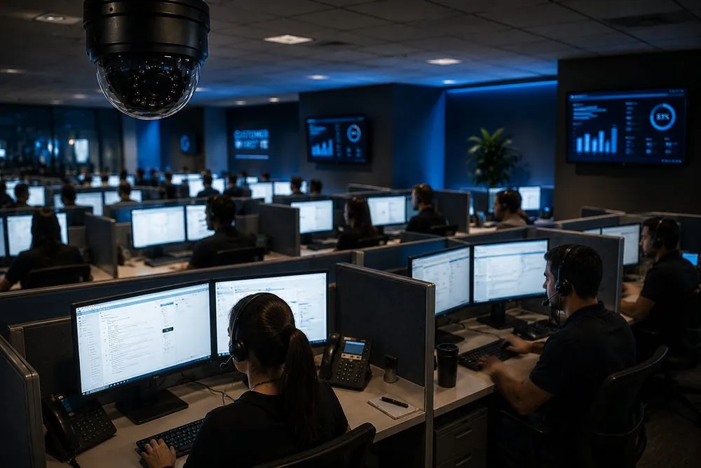 A Windows screen recorded next to the security camera: Call centers and customer service