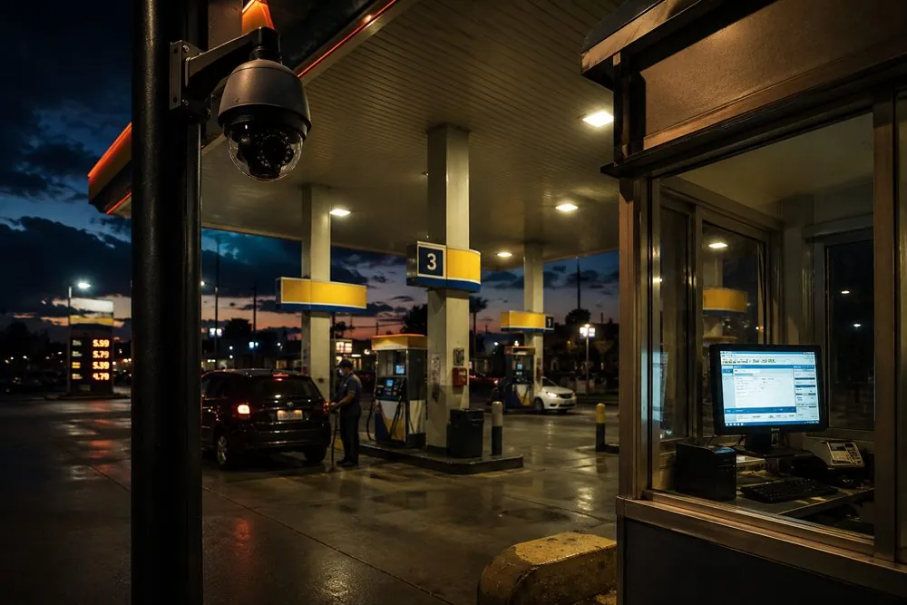 A Windows screen recorded next to the security camera: Fuel stations