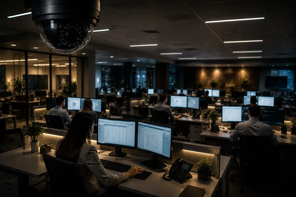 A Windows screen recorded next to the security camera: Offices, finance and back office