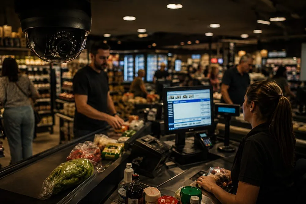 A Windows screen recorded next to the security camera: Supermarkets and checkout lanes