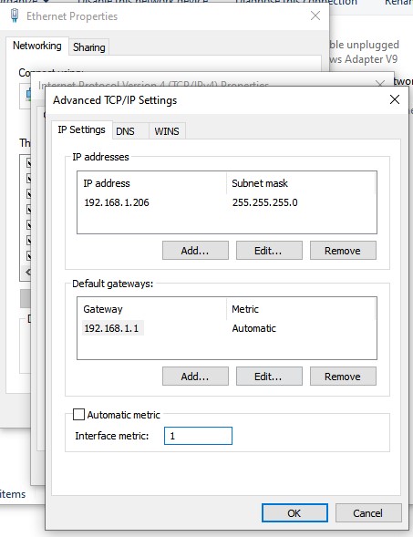 إعدادات TCP/IP المتقدمة وعلامة Automatic metric مُزالة والقيمة 1.