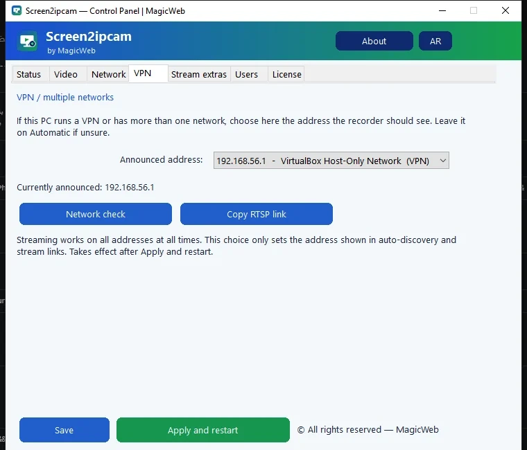 The VPN tab inside Screen2ipcam — pick the address the recorder should see, run a network check, and copy the RTSP link
